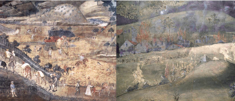 Ambrogio Lorenzetti. Allegoria del Buono e del Cattivo Governo nei campi, XIV secolo, Sala della Pace, Palazzo Pubblico, Siena